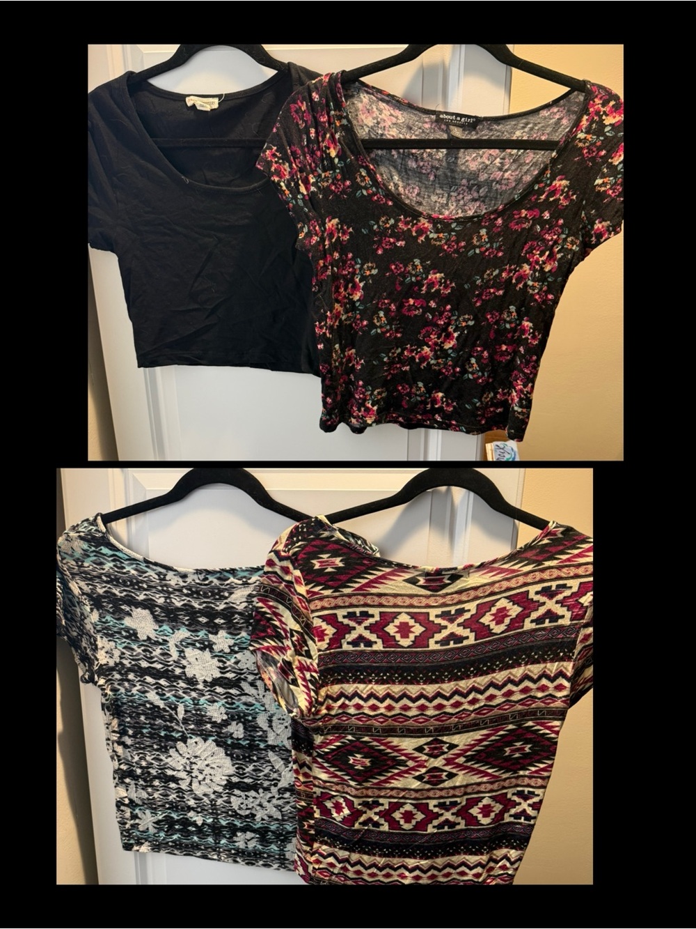 4 Juniors Cropped Tee Tops - Black, Floral, Aztec, Patterned L & XL